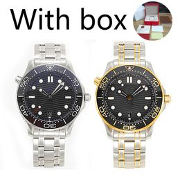 Designer DHGate Mens horloges 42 mm automatische mechanische buiten Seama Watch Gold Black Dial met sterrenloze stalen armband roteerbare ring met doos horloges