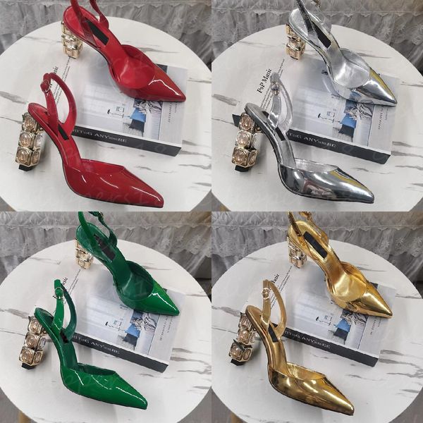 Tacones de letra de tacones de bloques de diamantes de diseño 11 cm con tacones rojos nuevas sandalias de cuero de lujo zapatos de vestir de novia de cuero de cuero con caja gran tamaño 34-43.