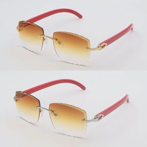 Designer Diamond Cut Lens Rouge En Bois Sans Monture Hommes Lunettes De Soleil pour femmes lentes de sol Grand Carré Rouge Bois Lunettes De Soleil Cadres pour C Décoration Lunettes De Luxe Nouveau