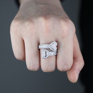 Bague de créateur en forme de cœur en diamant pour hommes et femmes, anneaux de bande pavés en Cz, réglables, Hip Hop, bijoux