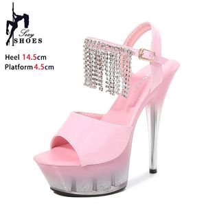 Sandales de diamant de styliste pour femmes, modèle de luxe, talons hauts, chaussures de danse pôle sexy, été, plate-forme épaisse, talons de club 240322