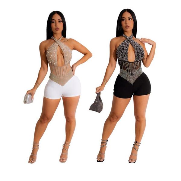 Diseñador Diamantes Monos Mujeres Sexy Hollow Out Cross Halter neck Backless Mamelucos Y2k Playsuits Streetwear Night Club Party Wear Ropa al por mayor 9856