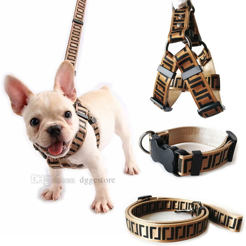 Designer Dog Collar and Leashes Set Classic Letter Pattern Dog Harness Leash Nylon Pet Collars Chain for Small Medium Large Dogs Bulldog Poodle Dachshund Brown B34