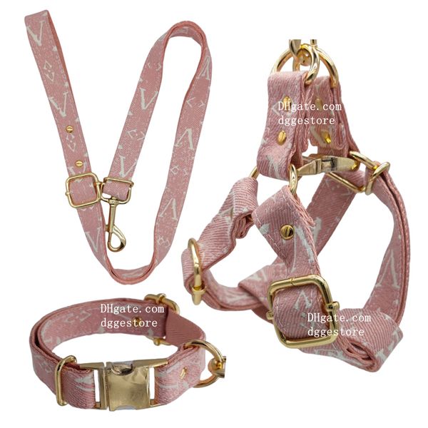 Ensemble de laisse de harnais pour chien de créateur, harnais pour chien sans traction avec de vieux motifs floraux classiques, collier en nylon durable avec boucle en métal pour chiens de petite, moyenne et grande taille, XL rose B227