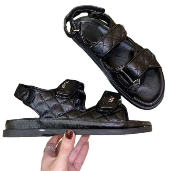 Designer Double Monk Strap Shoes sandale Camellia cuir plat femme chaussure sandales tweed tissu grainé cuir de veau laminé agneau slip été plage slippe