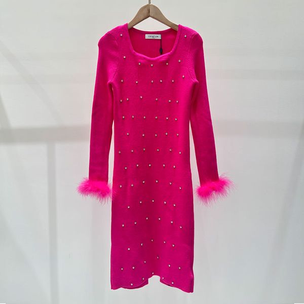 Robe de styliste, nouvelle collection automne/hiver 2024, manches en plumes de diamant, jupe tricotée, robe portefeuille Slim pour femmes