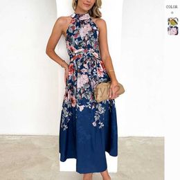 Designer Dress 2024 lente/zomer dames nieuwe mode hangende nek print taille slanke jurk voor dames plus size jurken