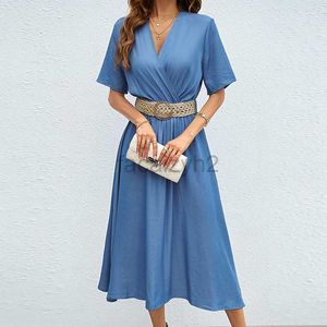 Designer Dress 2024 Summer Elegance Pendement V-hals tailleband modejurk met korte mouwen zonder riem plus size jurken