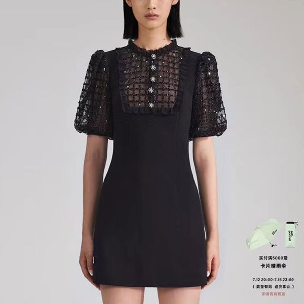 Robe de créateur femmes avancées vêtements de créateurs gaze noir paillettes perlées manches bulle taille serrée robe mince petite robe noire