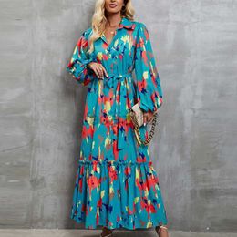 Vestido de diseñador Otoño e invierno Nuevo resumen de encaje de pecho estampado en la cintura Canting Lantern Vestido para mujeres Vestidos de talla grande