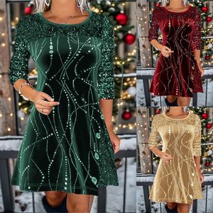 Designerjurk herfst en winter nieuwe Europese en Amerikaanse effen kleur ronde hals lange mouwen patchwork print A-lijn jurk voor dames S-XXL