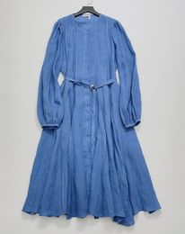 Designer robe rétro plissée col rond bulle manches ceinture lin grande balançoire longue robe femmes vêtements de créateurs