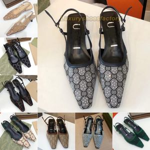 Designer Dress Shoes 2024 Dames 2G Slingback Sandaalpomp Slingback Kitten Pomp Zwart Beige Mesh met kristallen sprankelend motief Back Backle Mules met steentjes