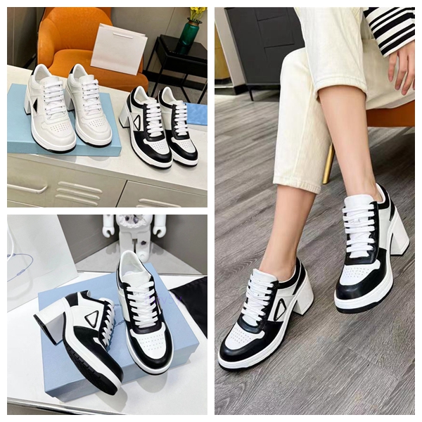 Designer Dress Shoes 8cm high-heeled shoes Women sneakers Leather Technical Fabric Re-Nylon Chunky Light Rubber Sole Casual Walking