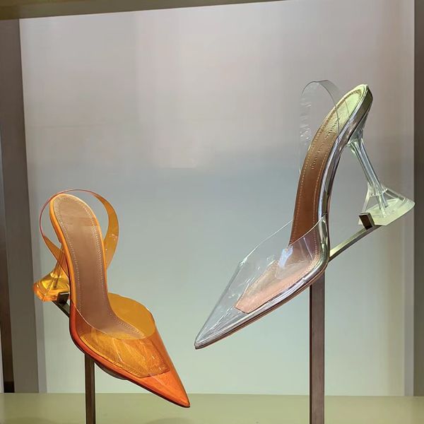 Zapatos de vestir de diseñador AMINA muaddi Sandalia clásica Sexy transparente PVC slingbacks 9.5CM Sandalias de tacón alto tacones de carrete dedos en punta zapato de mujer 35-42 con caja