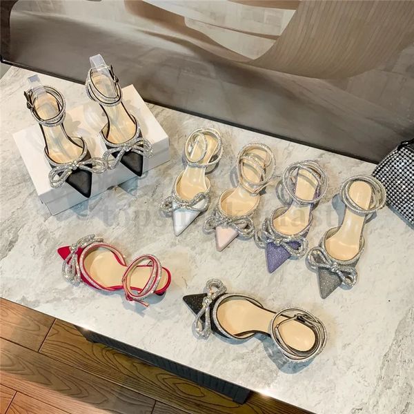 Chaussures habillées de designer Mach Strass Femmes Chaussures Cristal Bowknot Satin Été Talons En Cuir Parti Chaussures De Bal Talons Hauts Talons Doux Tempérament Sandales