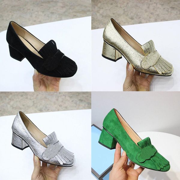 Zapatos de vestir de diseñador Marmont Pumps Sandalias de tacón alto para mujer Zapatos de mocasín de cuero real bordados Tacones gruesos dorados Zapatos de fiesta de bodas de verano Tamaño 35-42