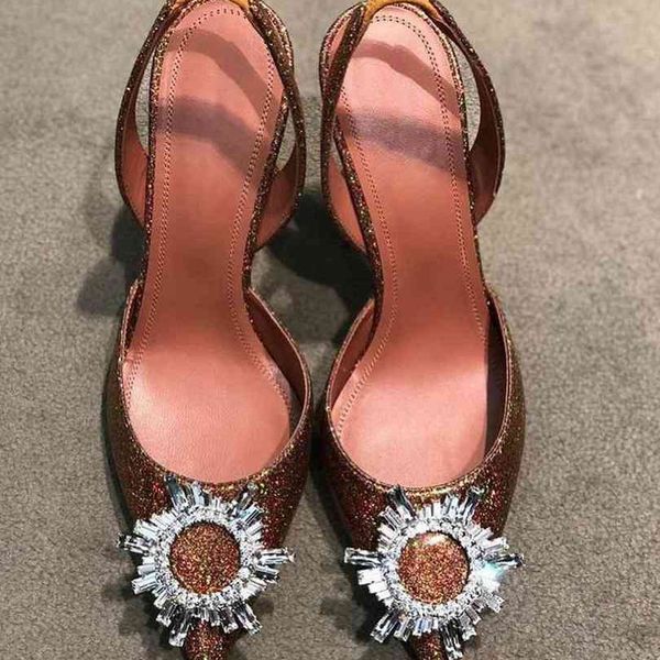 Zapatos de vestir de diseñador Sandalias Girasol Tacones altos Hebilla adornada con cristales Zapatos puntiagudos Mujeres sandalias de boda Cena con caja