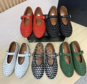 Chaussures habillées de créateur Top Quality Mary Jane Femmes Ballet Flats Crempades en maille Sandales Round Head Rivestone Rivet Buckl 100% Cuir Party Office Locage de luxe