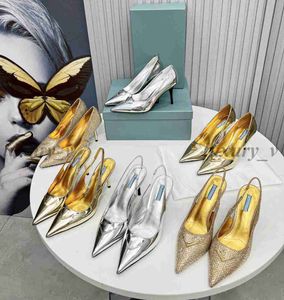 Zapatos de vestir de diseñador Mujer Tacones altos Charol Stiletto Sandalias con correa en el tobillo Punta puntiaguda Zapatos de diamantes de imitación Moda Zapatos sin cordones dorados y plateados