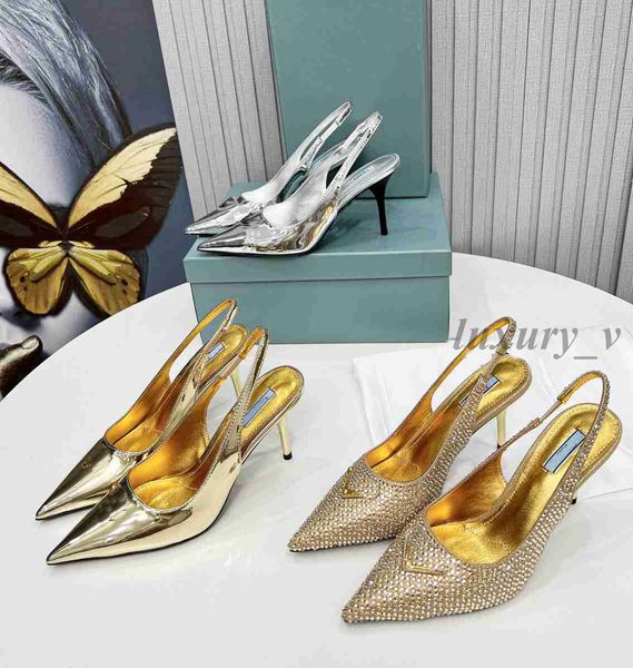 Designer Chaussures Habillées Femmes Talons Hauts En Cuir Verni Bride À La Cheville Sandales Bouts Pointus Strass Chaussures De Luxe Doré Argent Slip-on Pompes