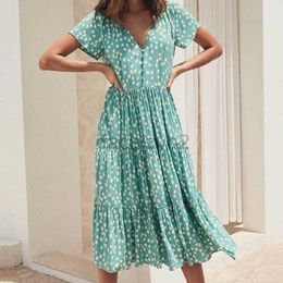 Designer Dress Spring and Summer Nieuwe V-hals knop Kleine bloemen met korte mouwen Holiday Casual Dress voor vrouwen plus size jurken