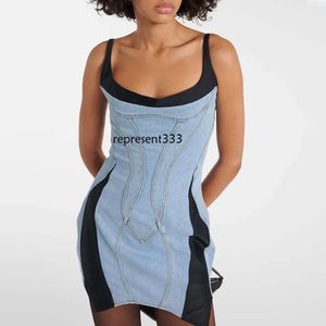 Designer Dress Street Trendsetter Contrasterende denim 2024 Zomer Nieuwe onregelmatige zoom gewikkelde heupband Korte rok voor vrouwen