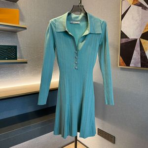 Designerjurk Trend 2024 Lente Frans Mintgroen Prachtige en elegante lange mouwen revers gebreide slanke a-lijn jurk voor dames