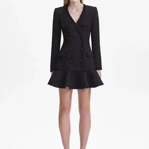 Designer-jurk, trendy 2024 Franse korte rok v-hals grof wollen rand patchwork dubbele borsten jurk voor vrouwen
