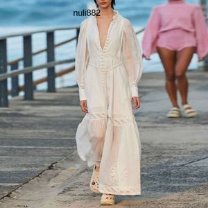 Designer Dress White Linen Lantern Sleeve uitgehold borduurwerk Zimmerman lange jurk