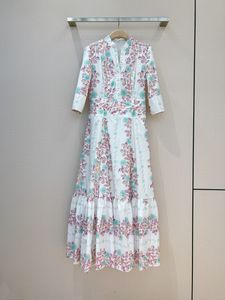 Vestido de diseñador con estampado floral para mujer, ropa de diseñador con falda larga y bata de algodón de manga corta con cuello en V delgado