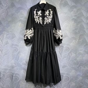 Robe de créateur revers brodé manches lanterne taille élastique robe longue rétro femmes vêtements de marque robe mi-longue été