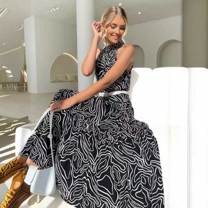 Designer Dress Dames Summer Nieuwe elegante losse mode trendy print veter omhoog grote zoomjurk plus size jurken