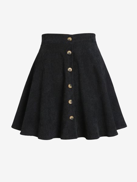 Robe de Créateur Style Vintage pour Femme Couleur Unie Boutonnée Mini-Jupe en Velours Côtelé - Noir M