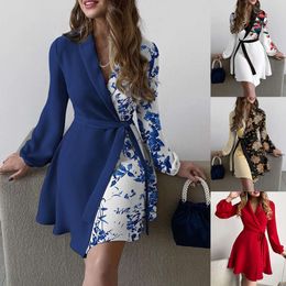 designer dresses Women Casual Dresses Spring and autumn floral print lapel V-neck long sleeve belted dress Clothing fashion Clothes 805 e34
