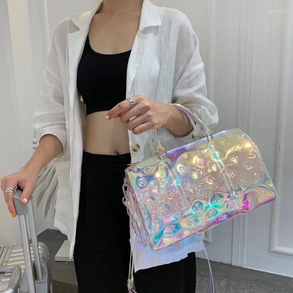 Bolsas de lona de diseñador Láser Emed Magic Color Bolsa de viaje Moda Mano Conocimiento de embarque Hombro Mochila de gran capacidad PVC transparente FIESS