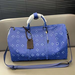 Bolso de lona de diseñador Bolso de viaje de fin de semana Hombres y mujeres Impresión azul Bolso de gran capacidad Bolso de cuero de lona recubierto con estampado clásico 55 cm