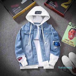 Designer- E-Baihui Heren Denim Jacket Streetwear Hip Hop Hooded Jean Jassen Mannelijke Losse Bovenkleding 2021 Lente Mode Slanke Fit Jas