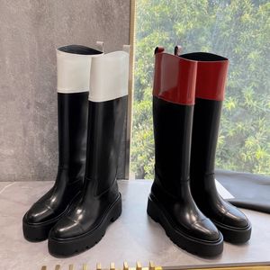 Bottes de chevalier en cuir véritable pour femmes, de la plus haute qualité, à semelle épaisse contrastée, à tête ronde, à baril haut, de styliste, nouvelle collection 2023