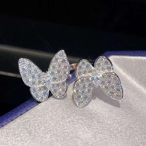 Boucles d'oreilles de créateurs 4/Quatre Feuilles Trèfle Charm Chaopai Nouveau V Or Double Bague Papillon Incrusté de Zircon Maille Rouge Ouverture Index Réglable