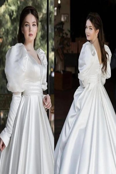 Designer Robe de mariée élégante Pouffle à manches longues Fulllength Princess Robe mate Satin avec ceinture douce plus robe nuptiale de taille 7547650