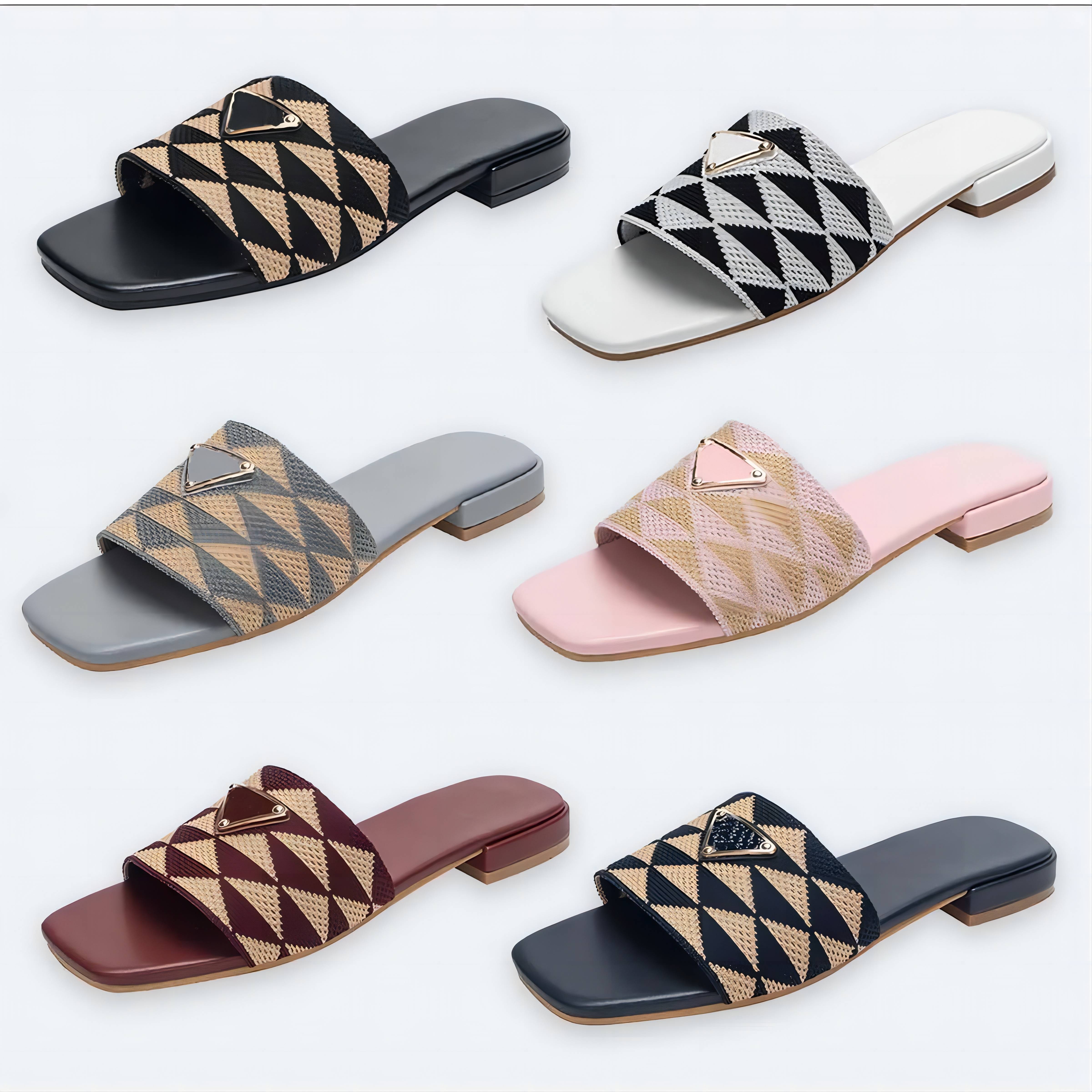 Designer Embroidered Fabric Slides Slippers Metallic Slide Sandals Embroidery Mules Women Low Heel Flip Flops Casual p Sandal Summer Chunky Heels Rubber Sole Shoes