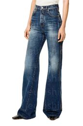 Designer borduurwerk anagram vrouwen vrouwelijk femme lente zomer jeans mode hoge taille wijd been flare rechte broek casual stijl losse broek