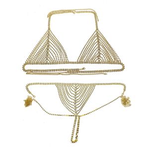 Designer Erotische Gift Rhinestone Body Chain Sexy glanzend ondergoedset Bikinilist Chain slipjes Nightclub Style Dress Show Bra T-Back Jewelry 1149