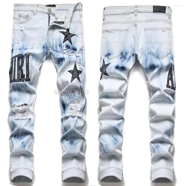 Designer European Letter Star Jean Men Broderie Patchwork Ripped Trend Brand Motorcycle Pant Hommes Skinny Jeans