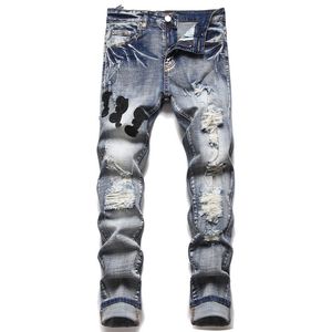 Designer Pantalon européen Motorcycle broderie pop déchiré en coton jeans masculin pantalon de fret noir taille de hanche 28-40 # 012