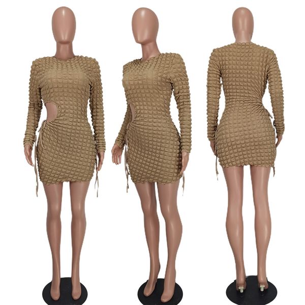 Diseñador Otoño Invierno Diseñador Vestidos de burbujas Vestido ajustado de manga larga para mujer Ropa de otoño Faldas flacas casuales Vestido ajustado con corte Vestido de fiesta Ropa de calle