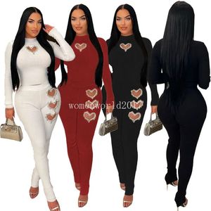 Designer outono inverno tracksuits dois conjuntos de peças mulheres com nervuras roupas manga longa oco out moletom e calças casuais sweatsuits sólidos roupas por atacado