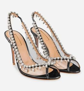 Designer Marques Célèbres Tentation Sandales Chaussures Femmes Talons Aiguilles Cristaux Embellissement PVC Cuir Lady Gladiator Sandalias Élégant Marche