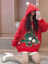 Designer Fashion 2022 Winter Red Sweater Dames losse Hooded Bright Silk Aging New Year Christmas Tree Knit Top